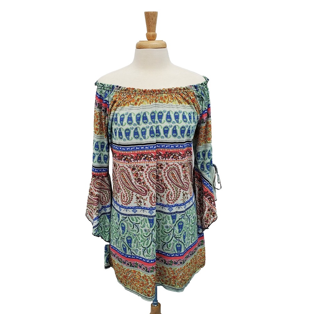 Win Win Womens Paisley Off The‎ Shoulder Tie Bell Sleeve Tunic Size L-XL Boho